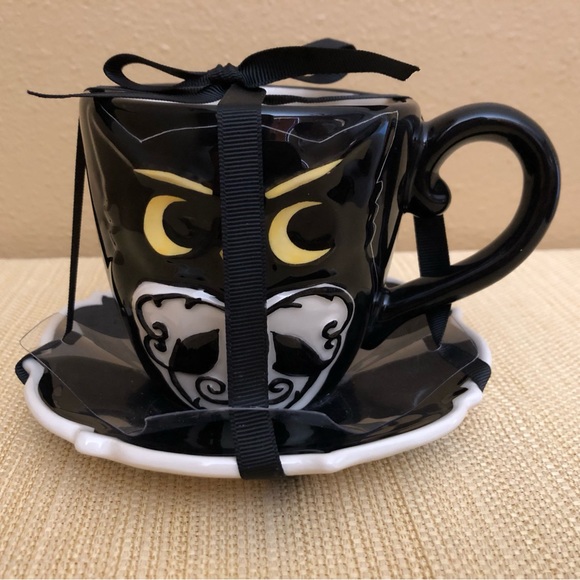 BLUE SKY CLAYWORKS Ceramic Owl Cup & Saucer Set Black/White Halloween~RARE~NWT - Picture 6 of 7